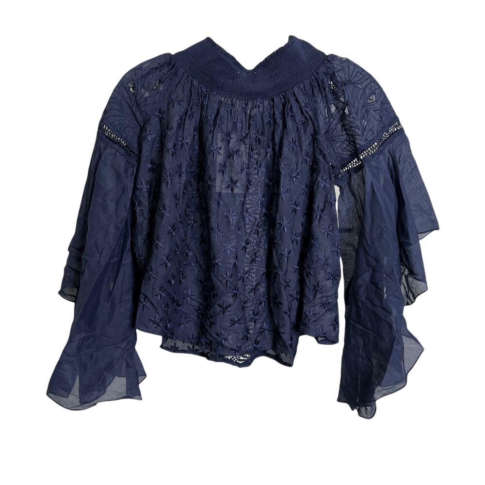 Ramy Brook Women's Sz XS Blouse Navy‎ Lace Ruffle Sleeves Off The Shoulder NWT - Picture 2 of 11